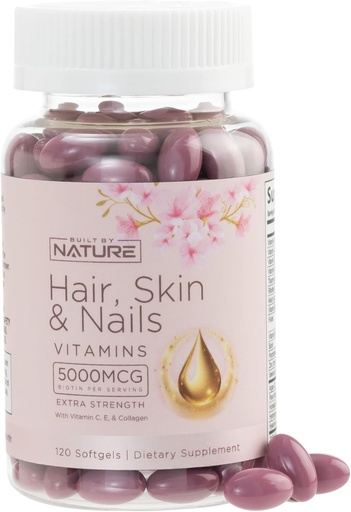 [BRSROAAKPMMBU33B] Håret hud og negler Vitaminer – 5000mcg Biotin med vitamin C, E, kollagen, hyaluronsyre, Argan & kokosolje – Luksiv hårvekst og strålende hudtilskudd for kvinner – 120 Softgels