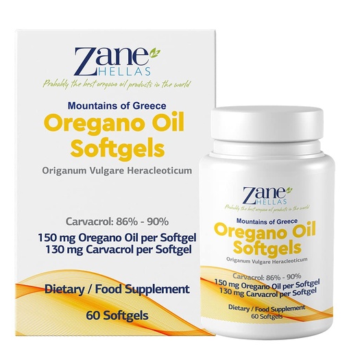[BRSW2HD7AUFG2A3J] Zane Hellas 130 mg Carvacrol - 150 mg Oregano Oil per Softgel. World Highest Concentration Oregano Oil Capsule. Softgel Contains 30% Greek Essential Oil of Oregano. 60 Softgels.