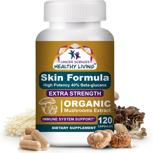 [BRSRA2YZCF6WKHL3] Cancer Sciences Skin Wellness Supplement, USDA Certified Organic Extract Mushrooms Supplement, Extra Strength 1,500 mg, High Potency 40% Beta-Glucans, Immune Support, Glowing Complexion, 120 Capsules