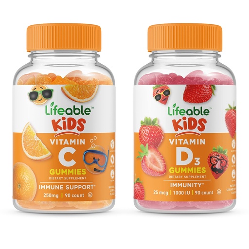 [BRSW2H36A56WCF3F] Lifeable Vitamin D Kids + Vitamin C Kids, Gummies Bundle - Great Tasting, Vitamin Supplement, Gluten Free, GMO Free, Chewable Gummy