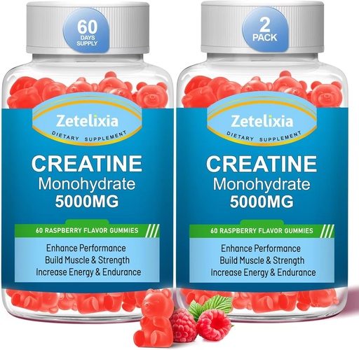 [BRSROBTRBAJWK2TD] 2 Pack Creatine Monohydrate Gummies, Creatine Monohydrate for Men & Women, Enhanced Formula with BCAA, Vitamin B12, Taurine, Muscle Support, Energy Boost, Sugar Free, Vegan, 120 Count