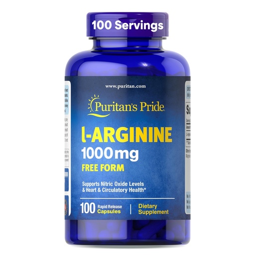 [BRSWIZIDC54GGE36] Puritan's Pride L-Arinine 1000mg, Dietary Supplement Supports Nitric Oxide Levels and Heart and Circulatory Heath, 100 Day Supply, 100 Tablets