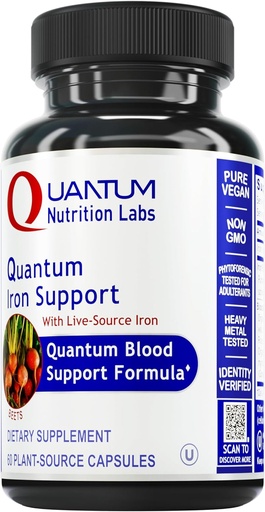 [BRSWIEYMCAGBQGD6] Quantum Nutrition Labs Iron Support - Supplément en fer pour les femmes et les hommes, Suppléments en fer végétalien, Fer doux à faible dose, naturellement pour soutenir le sang sain - 60 Capsules végétariennes