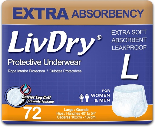 [BRSWIAQCCMEAGCLE] LivDry spodnje perilo za inkontinenco odraslih, dodatno absorbentno oblačilo za odrasle, protekcija, velika, 72-Pack