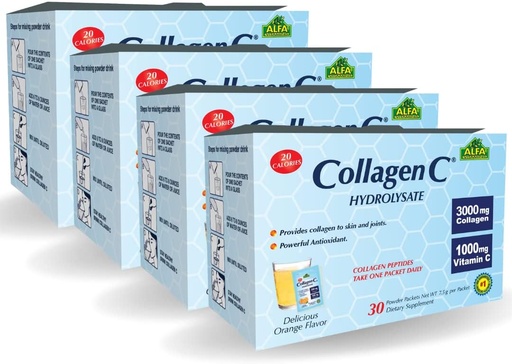 [BRSRMFADCQHBMH3H] ALFA VITAMINS Collagen C Peptides Hydrolysate Powder Supplement, Vitamin C 1000mg, Gluten Free Hydrolyzed Collagen for Skin, Hair, Nails, Joint & Bone Support, Antioxidant, 30 Sachets per Box, 4 Pack