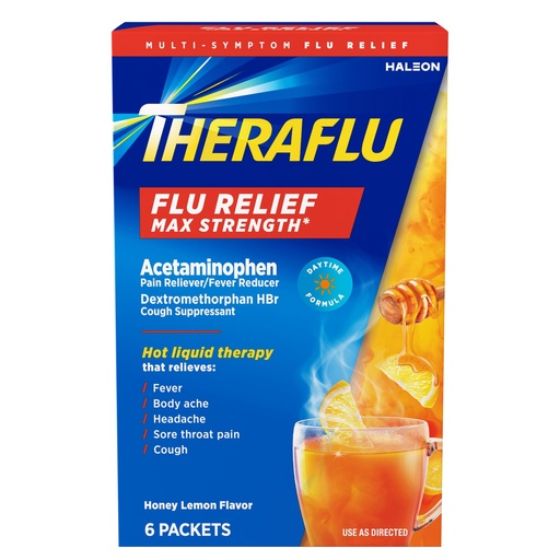 [BRSW2CT6AV7GOYL2] Theraflu Max Strength Daytime Flu Medicine for Flu Symptom Relief with Acetaminophen and Dextromethorphan HBr, Honey Lemon Flavored - 6 Powder Packets