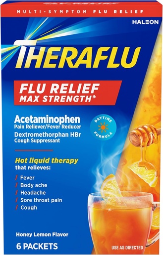 [BRSW2CT6AV7GOYL2] Theraflu Max Strength Daytime Flu Medicine for Flu Symptom Relief with Acetaminophen and Dextromethorphan HBr, Honey Lemon Flavored - 6 Toz Packets