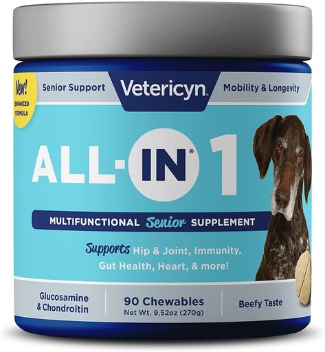 [BRSWGCQKOBYAMGQV] Vetericyn All-in 1 Multifunctional Senior Dog Supplement | Digestive Enzymes + Glucosamine Chondroitin for Hip and Joint Support + Vitamins, Antioxidants, Prebiotics, Probiotics, and Omegas. 90 Count