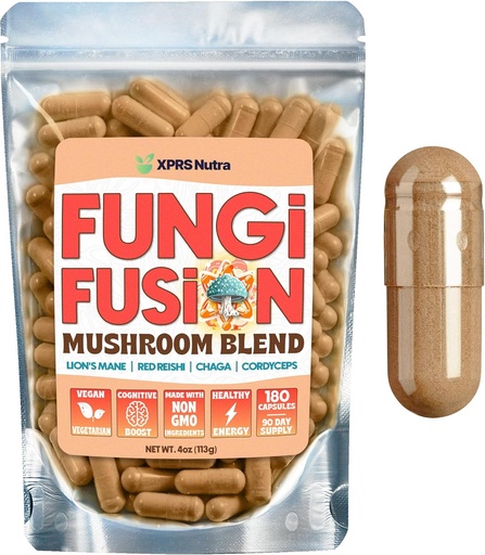 [BRSROCD3BAIWYFIV] XPRS Nutra Fungi Fusion Mushroom Blend Capsules - 180 Count (90 Day Supply) Premium Blend of Lion's Mane, Reishi, Chaga, Cordyceps Capsules to Support Mental Clarity, Cognition, Energy and Immunity