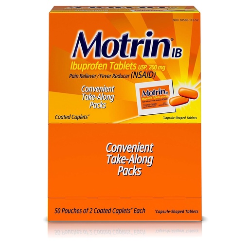 [BRSWIZYHBIAAMHDG] Motrin IB - Ibuprofen Tablets, Two Tablets Per Packet, 50 Packets Total, One Box