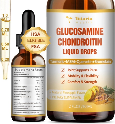 [BRSRAZAQC4AQOELF] Glucosamine Chondroitin MSM Liquid drops FSA-HSA - Joint Support supplement for Mobility, Flexibility " Bones Chondroitin Sulfate supplement Turmeric, Quercetin, Bromelain, MSM Oil 2 FL.OZ