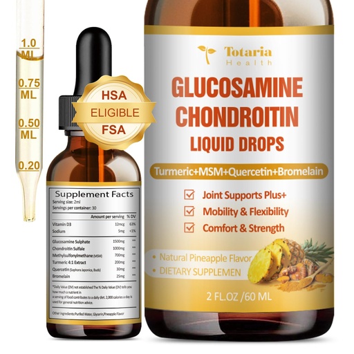 [BRSRAZAQC4AQOELF] Totaria Glucosamine Chondroitin MSM Liquid Drops FSA-HSA - Joint Support Supplement for Mobility, Flexibility & Bones Chondroitin Sulfate Supplement Turmeric, Quercetin, Bromelain, MSM Oil 2 FL.OZ