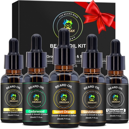[BRSRMADQCQBRA2DK] XIKEZAN 5 Pack Beard Oil Set w/Sandalwood, Orange, Vanilla, Cedarwood, Unscented for Beard Care, Moisturizing, Soften,Birthday Gifts for Men Him Dad Husband Christmas Gifts Stocking Stuffers