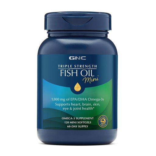 [BRSWGZTRBB7RA2D6] GNC Triple Strength Fish Oil Mini Omega 3 Supplement, 1000mg EPA and DHA, Supports Heart, Brain, Skin, Eye and Joint Health, 120 Mini Softgels