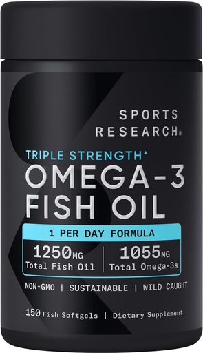 [BRSRMEIBO55BQCYY] Sports Research Triple Strength Omega 3 Fish Oil - Burpless Fish Oil Supplement w/EPA & DHA Fatty Acids from Wild Caught Fish - Heart, Brain & Immune Support for Men & Women - 1250 mg, 150 ct