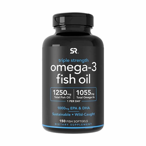 [BRSRMEIBO55BQCYY] Sports Research Triple Strength Omega 3 Fish Oil - Burpless Fish Oil Supplement w/EPA & DHA Fatty Acids from Wild Caught Fish - Heart, Brain & Immune Support for Men & Women - 1250 mg, 150 ct