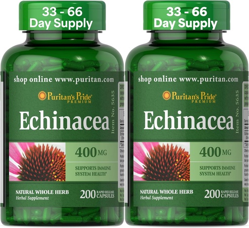 [BRSRMZQTOEAWYC3D] Puritan 's Pride Premium Echinacea Natural Whole Herb Herbal Suplement 400mg, Dietary Suplemen Kesehatan, Imune System Dukungan, 200 Rapid Rapid Rilis Kapsul, 2 Pack