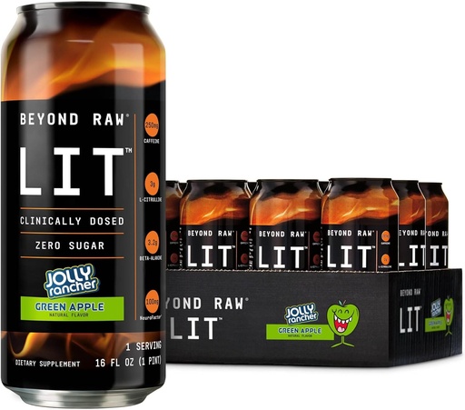 [BRSWYCQQOZ7BQHTK] Beyond Raw LIT Ready to Drink Pre Workout, Jolly Rancher Green Apple, For Energy, Focus, Intensity and Pumps, With Nitric Oxide Boost, Zero Sugar, 250mg Caffeine with Beta Alanine, 12 Cans