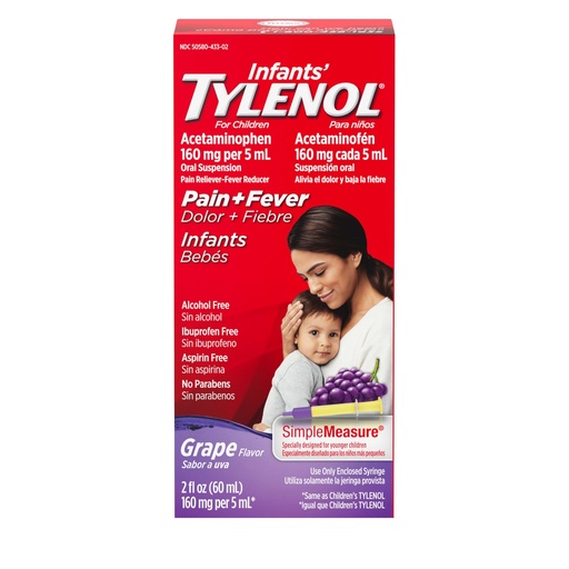 [BRSWIHYCOEGW23AZ] Infants' Tylenol Oral Suspension, Acetaminophen, Grape, 2 fl. oz | Liquid Pain Relief & Fever Medicine, Sore Throat, Headache & Teething, Pain Reliever & Fever Reducer for Kids