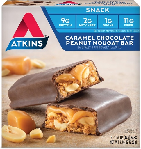 [BRSWIYY5CANRQGQ7] Atkins Caramel Chocolate Peanut Nougat Snack Bar, Protein Snack, High in Fiber, 2g Sugar, Keto Friendly, 5 Count
