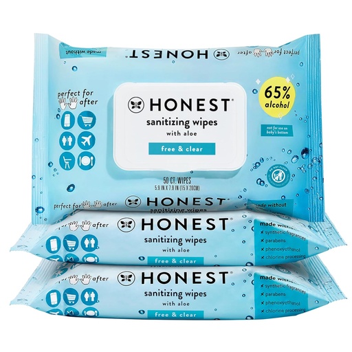 [BRSWYEIQA55AGCA7] The Honest Company Fragrance-Free Sanitizing Alcohol Wipes, Antibacterial Hand Wipes with Aloe, Kills 99% of Germs, Safe for Hands, 150 Count (3 Packs of 50)