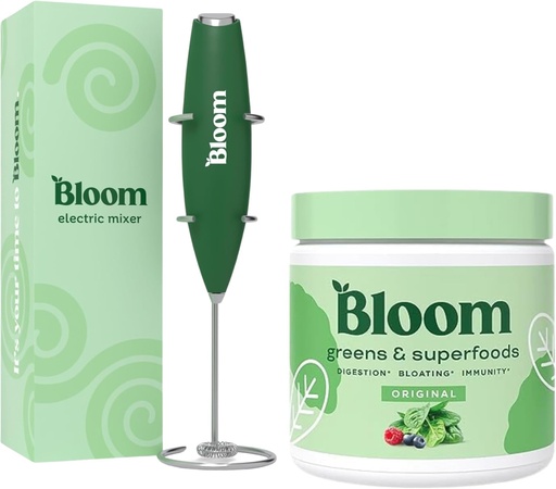 [BRSROHT4PJ5QEA3D] Bloom Nutrition Superfood Greens Powder, Digestive Enzymes with Probiotics and Prebiotics, Gut Health, Bloating Relief, Original + Milk Frother High Powered Hand Mixer