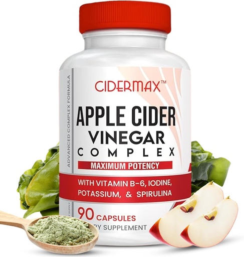 [BRSRAZQFBYGWODIU] Apple Cider Vinegar Complex Capsules - 90-Day Supply Capsules for Gut Support, Balanced Weight & Body Detox - All Natural Vitamin B6, Kelp, Potassium, & Spirulina Supplement by Cidermax