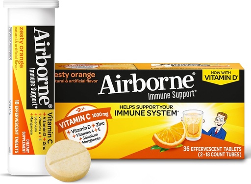 [BRSWIHA3DIGWGF36] Vitamin C 1000mg (per serving) - Airborne Zesty Orange Effervescent Tablets (36 count in a box), Gluten-Free Immune Support Supplement With Vitamins A C E, ZINC, Selenium, Echinacea & Ginger