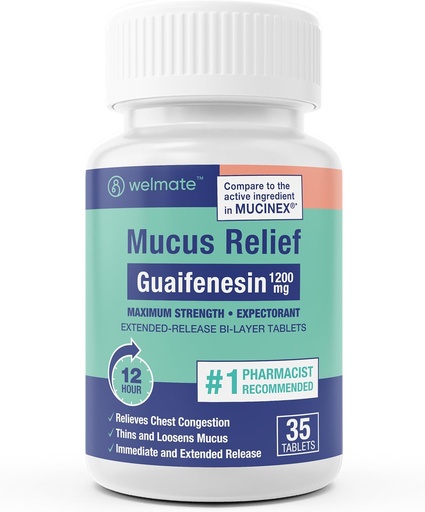 [BRSRAAIYOQPGGHTF] WELMATE - Guaifenesin 1200mg (35 Tablets) - Mucus Relief - Expectorant - Cough & Cold - 12 Hr Support - Extended-Release Bi-Layer Tablets - Over-The-Counter Medication