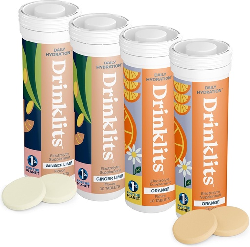 [BRSRAYIPCIOR6HL5] Drinklits Ginger-Lime & Orange Electrolyte Tablets (4) Tube Bundle | Daily Hydration Combo Pack | Delicious Natural Flavors - 0g Sugar | 40 Servings - 10 Tablets Per Tube
