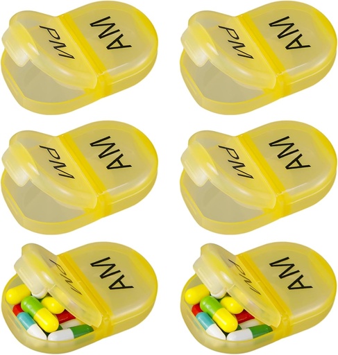 [BRSROGAKOEARGGT7] 6 Pack Pill Organizer Pocket Small Case Holder Am Pm Pill Case Portable Two Compartment Round Travel 2 Times a Day for Vitamin Medication Supplement(Yellow)