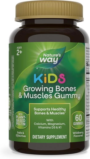 [BRSWY2YBAQDQKF3X] Nature's Way Kids Growing Bones & Muscles Gummies, Подпомага здрави кости и мускули *, калций, магнезий, Витамини D3 & K1, Ages 2+, Дива боровинка Ароматизирани, 60 Gummies (Packaging May Vary)