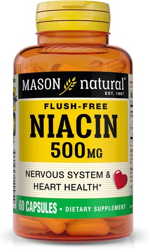 [BRSWIZ3ZBUCBQ3TO] MASON NATURAL Niacin 500 mg Flush-Free, Υποστηρίζει την καρδιακή υγεία, το νευρικό σύστημα & την παραγωγή ενέργειας, 60 κάψουλες