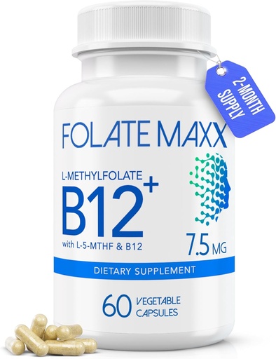 [BRSWYYLYCF7RSAIV] L-Metylfolat + B12 Methylcobalamin blanding 7.5 mg - 60 kapsler - Aktiv Folsyre og metylert B12-5-MTHF & B12 Supplement for menn og kvinner - Ikke GMO, Glutenfri, Ingen Fillers