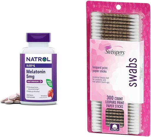 [BRSRAYYYBMIBGCD4] Natrol Melatonin 5mg Fast-Dissolve 200 compresse & Swisspers cotone Swabs 300 Conte