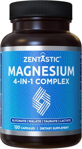 [BRSRMELRO4HRQ3DO] Zentastic Magnesium Complex 4-in-1 Supplement – Magnesium Glycinate, Malate, Taurate & Lactate – Chelated High Absorption for Nerves, Muscles, Bones & Immune Support – 120 Capsules