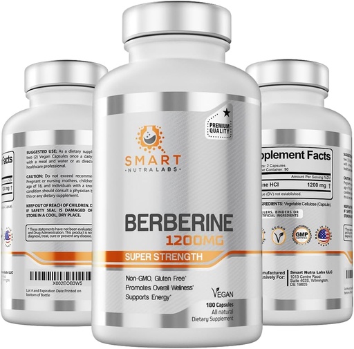 [BRSWYYAPC4DQMGT4] Smart Nutra Labs Premium Berberine HCL 1200mg- 180 Vegan Capsules, 100% Pure Berberine Supplement- Non-GMO, Gluten Free