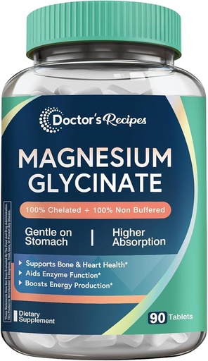 [BRSROGIZPMHGMDLX] Doctor's Recipes Magnesium Glycinate, Chelated Magnesium with High Absorption & Non-Buffered, Easy on Stomach, No Gluten, Bone, Nerve & Energy Support, 90 Tablets