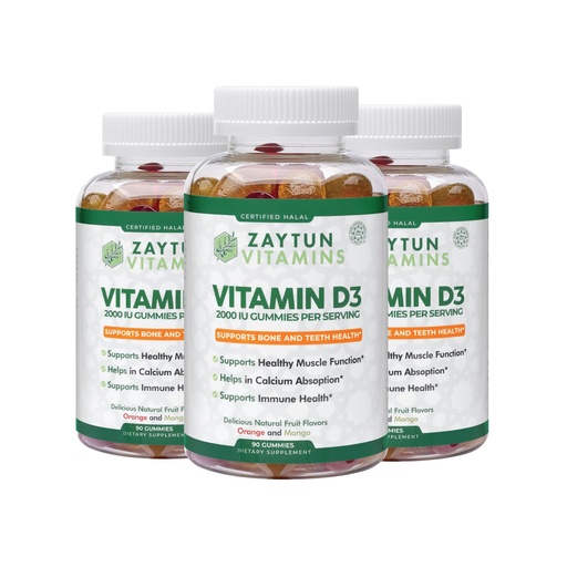 [BRSRMYA7OYBWAAIZ] Zaytun Halal Vitamin D3 2000 IU Gummies, Supports Bone & Immune Health, Promotes Muscle Function, Gluten & Gelatin Free, (3-Pack) - Made in USA
