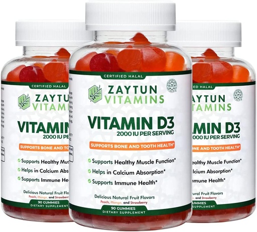 [BRSRMYA7OYBWAAIZ] Zaytun Halal Vitamin D3 2000 IU Gummies, Supports Bone & Immune Health, Promotes Muscle Function, Gluten & Gelatin Free, (3-Pack) - Made in USA