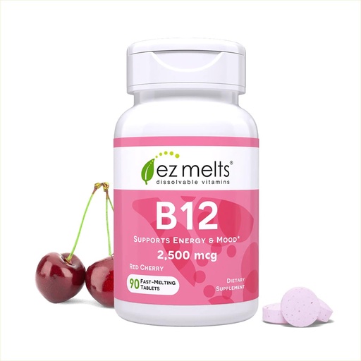 [BRSWIHA7OYOAAEDI] EZ Melts Dissolvable B12 2,500 mcg - Vitamin B12 for Energy & Immune Support - Non-GMO, Vegan & Gluten-Free - Red Cherry - 90 Sublingual Tablets (90 Servings)
