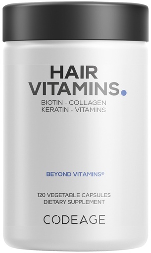 [BRSWYZQOBABBA3L3] Codeage Hair Vitamins 10000 mcg Biotin, Keratin, Collagen, Vitamin A, B12, C, D3, E, Zinc, Turmeric, Probiotics, Enzymes, Inositol - Hair Care Support - Healthy Hair Supplement Pills - 120 Capsules