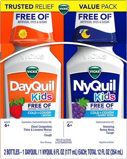 [BRSRA2TQA4PAAET6] Vicks Kids DayQuil & NyQuil Cold & Cough Relief Liquid Co-Pack, Free of Artificial Dyes & Sugar, Multi-Symptom Relief of Cough, Sneezing, Runny Nose, Mucus, and Chest Congestion, for Ages 6+, 2x6oz