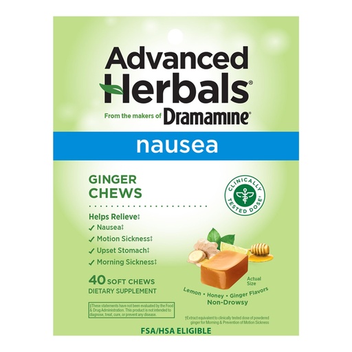 [BRSRMYD6C5YWYAY3] Dramamine Advanced Herbals Ginger Chews, Nausea Relief, Lemon-Honey, 40ct | From the Makers of Dramamine, Non-Drowsy, Morning Sickness Relief & Motion Sickness Relief During Travel, Soft Chews