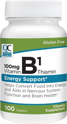 [BRSRMGT6AF6QE3LH] Quality Choice Vitamin B1 Thiamin 100 mg Energy Support, Nervous System Function, & Brain Health Vitamin Supplement Tablets, 100 Count Bottles