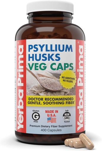 [BRSWGZL5OACRAADA] Yerba Prima Psyllium Husks Veg Caps, 400 Kapsułki (625mg) - Vegan, Non-GMO, Gluten Free, Colon Cleanser, Codzienne Fiber Supplement for Gut Health & Regularność