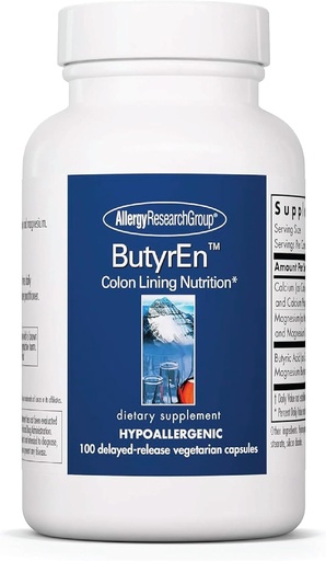 [BRSWIYQEPMBWA2I7] Allergy Research Group ButyrEn - Butyrate Gut Health Supplement per le donne e gli uomini, Colon e Digestive Support with Tributyrate Complex, Butyric Acid - 100 Delayed Release Vegetarian Capsules