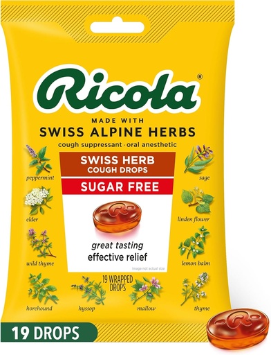 [BRSWKZYEBACQKAL2] Ricola Sugar Free Swiss Herb Cough Drops, 19 Count, Cough Suppressant & Throat Relieving Drops with Naturally Sourced Menthol, Pleasing Taste for Coughs & Throat Irritation Symptom Relief