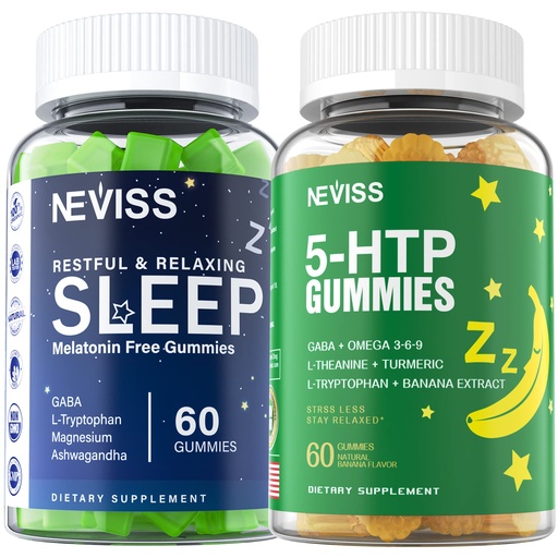 [BRSROYL7CIDWYCYU] Melatonin Free Sleep Aid Gummies + 5-HTP Gummies for Adults , with GABA, L-Theanine, L-Tryptophan, Magnesium, Ashwagandha, Turmeric - Non-Habit Forming, Banana Extract Help for Deep Relaxation, Calm