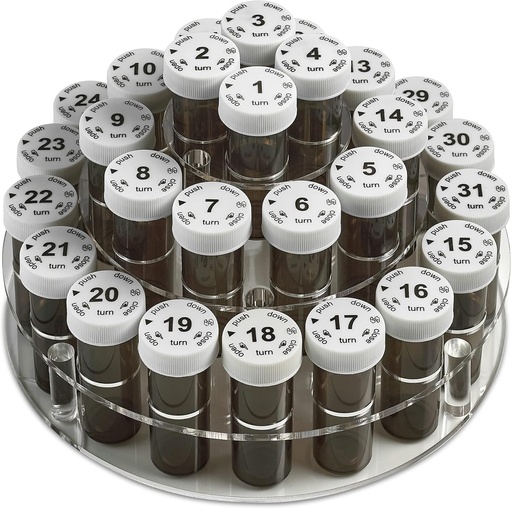 [BRSWYH3YCUGQOEQ6] Monthly Pill Garrafa Organizer Caddy - 31 Numerado Full-Size Garrafas de comprimidos w Child-Proof Lids para cada dia do mês- Limpar Rack e fácil de usar para dose diária de vitaminas e suplementos de medicação
